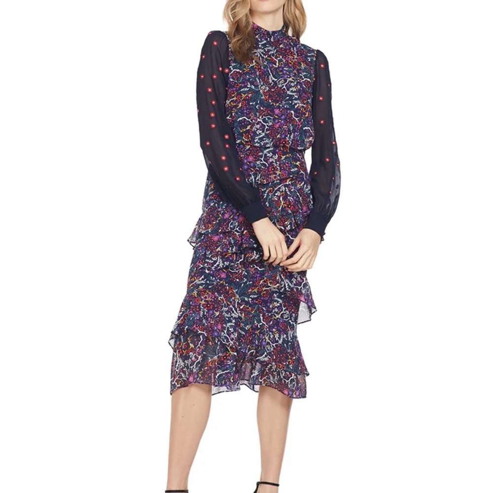 SALONI Navy and Purple Floral Long Sleeve Dress